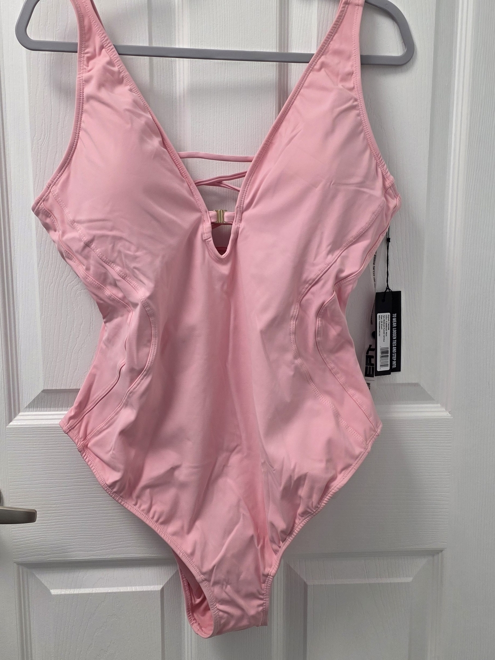 TA3 Brazilian Plungey Keyhole One Piece Swimsuit Flamingo Pink Lace Up 2X Short